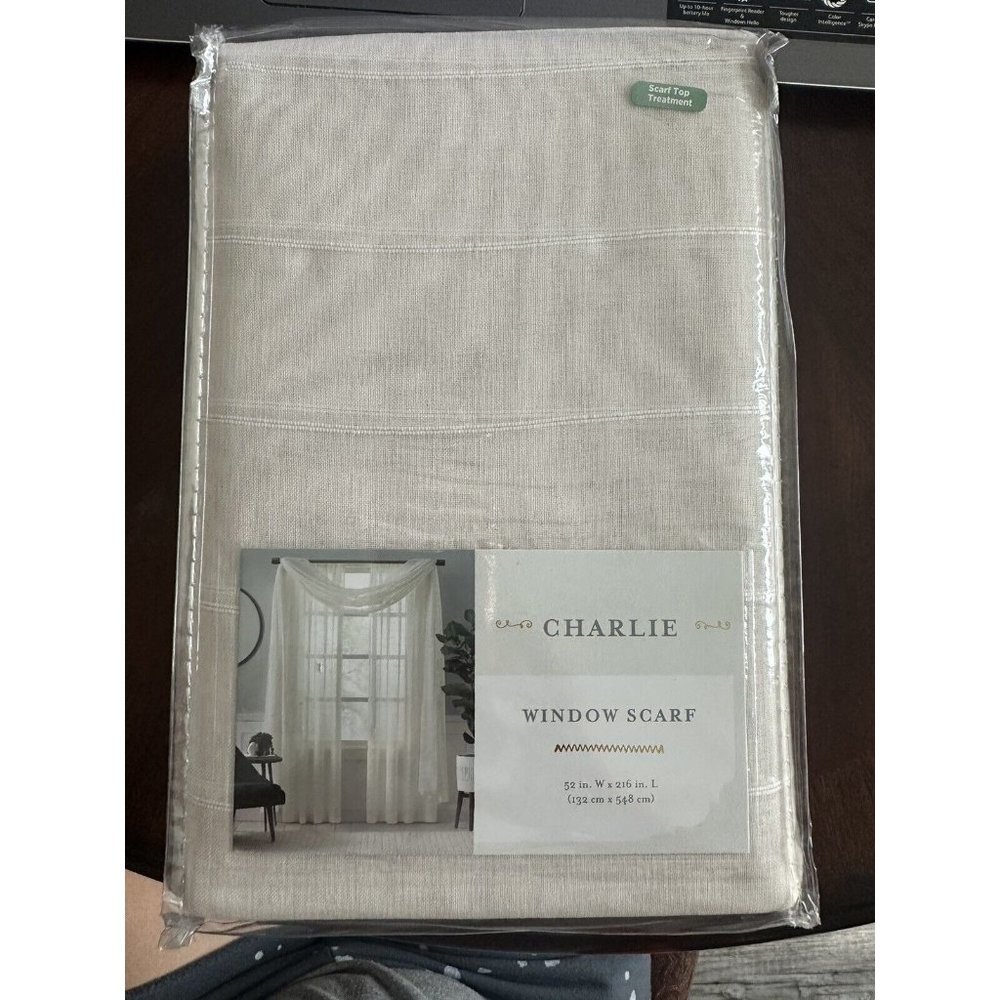 Charlie sheer window scarf 52x216",  ivory top treatment made by Colordrift